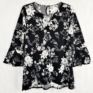 Chaus M 3/4 Sleeve Split V Neck Blk White Floral